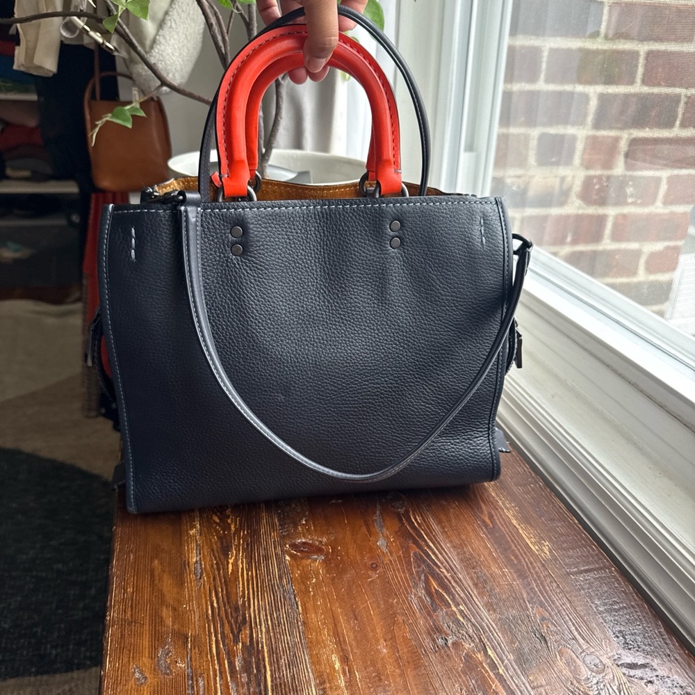 Coach Black Leather Patchwork Tote with Red Handles - Picture 3 of 8